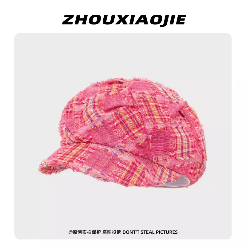 

Korean Dopamine Color Matching Plaid Literary Burr Cloud Newsboy Cap Women's Summer Thin Personality Sweet Octagonal Beret Hat