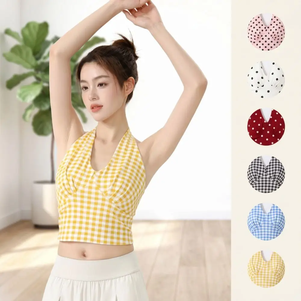 Fitness Top V-Neck Yoga Vest Plaid Fixed Pad Sports Bra Backless Quick-Dry Push-Up Tank Top Pilates