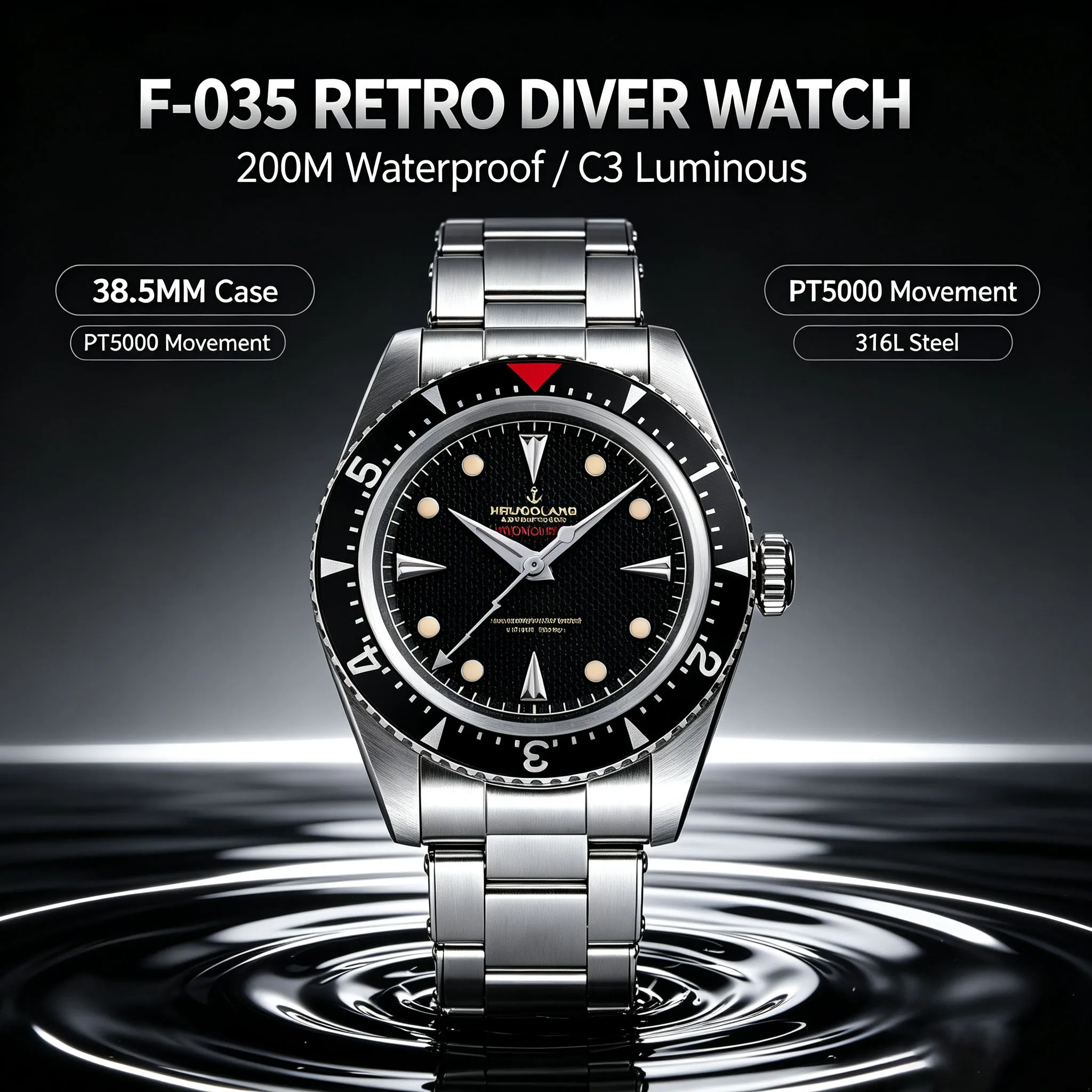 Hruodland Men Vintage Diver Automatic Mechanical Watch 38.5mm Sapphire Bubble Mirror C3 Retro Luminous 200M Diving Wrist Watch