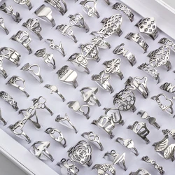 50 Pcs/Lot Fashion Hollow Out Stainless Steel Rings For Women Men Mix Style Flower Heart Crown Jewelry Party Gifts