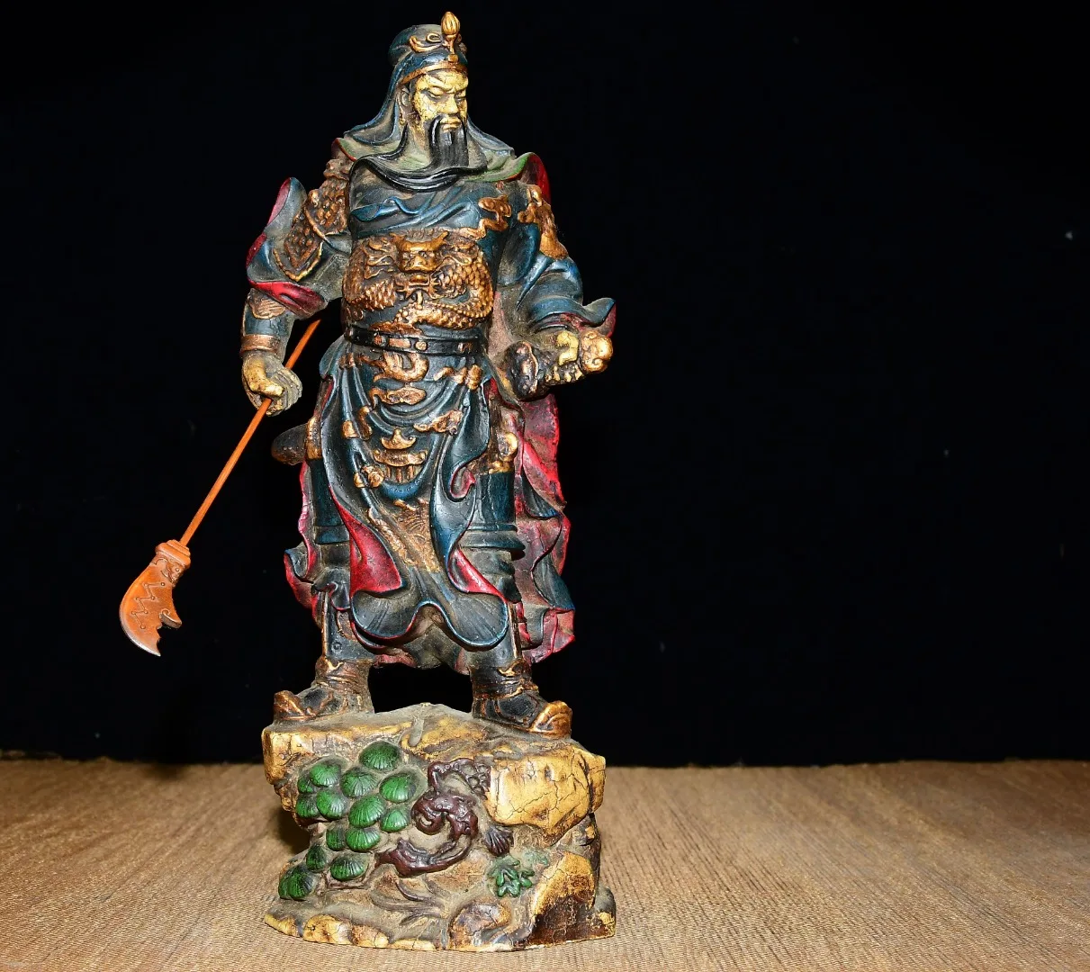 

9"Tibetan Temple Collection Old Boxwood Dragon texture Guan Gong Guanyu Immortal Standing Buddha Worship Hall Town house
