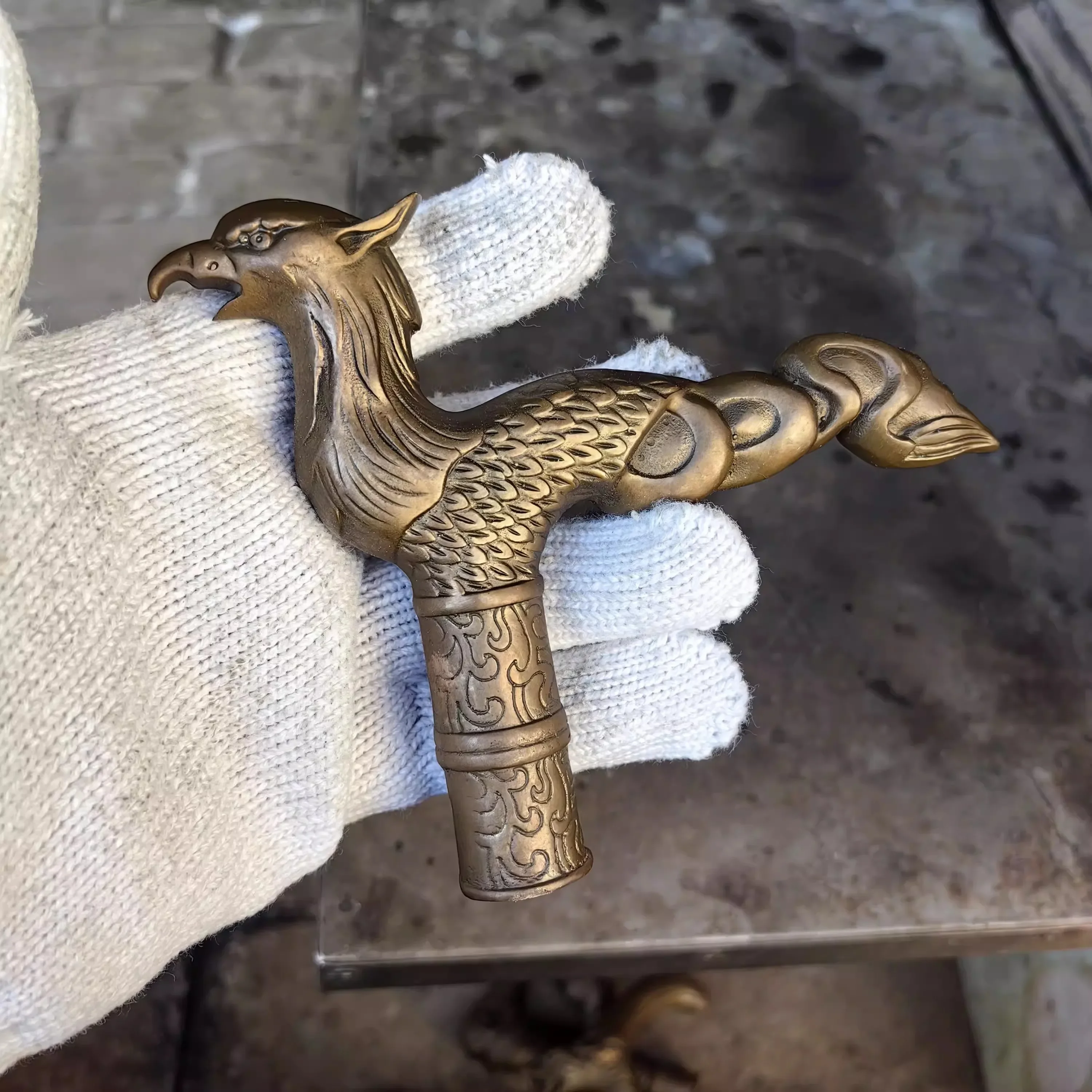 Chinese Brass Copper Hand Carved Cane Walking Stick Head Handle Phoenix Statue