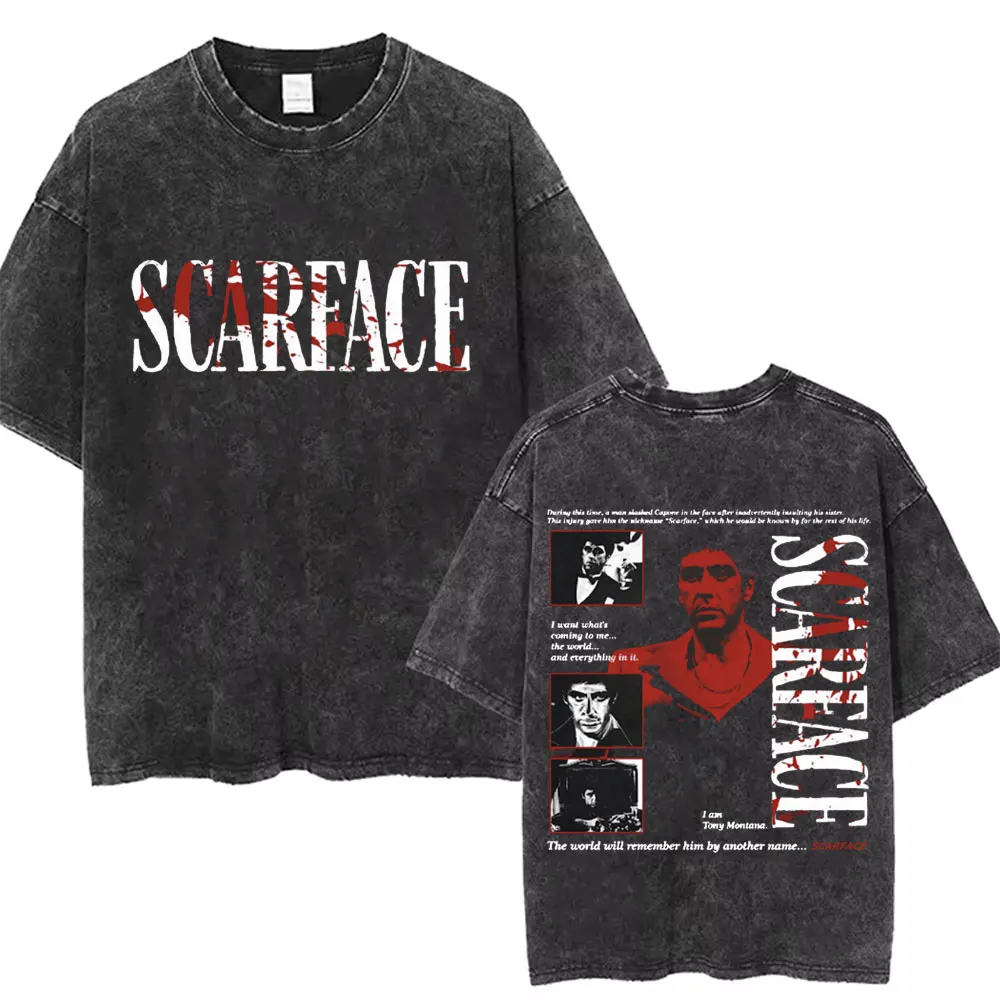 العصابات تي شيرت رجالي في التسعينيات سكارفيس على الوجهين تي شيرت مطبوع توني مونتانا آل باتشينو خمر غسلها تي شيرت #4