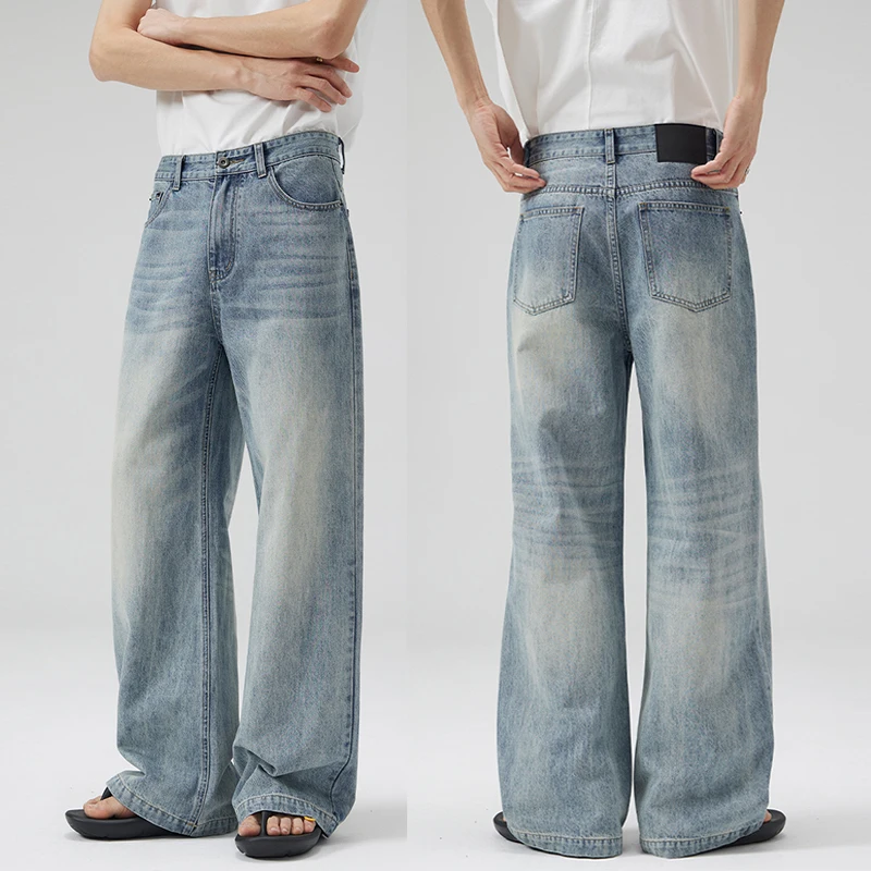 

Винтажные джинсы, мужские осенние прямые модные потертые старые брюки, уличная одежда, голубые, с широкими штанинами, молодежные джинсовые брюки в стиле Харадзюку