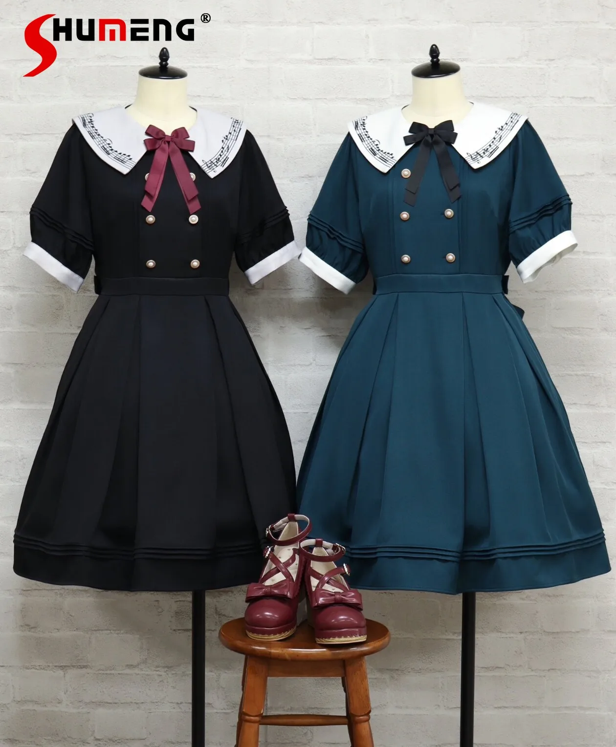 

Japanese Sweet Preppy Style Embroidered Doll Collar Bow Short Sleeve Double-breasted High-waisted A-line Lolita Dress for Women