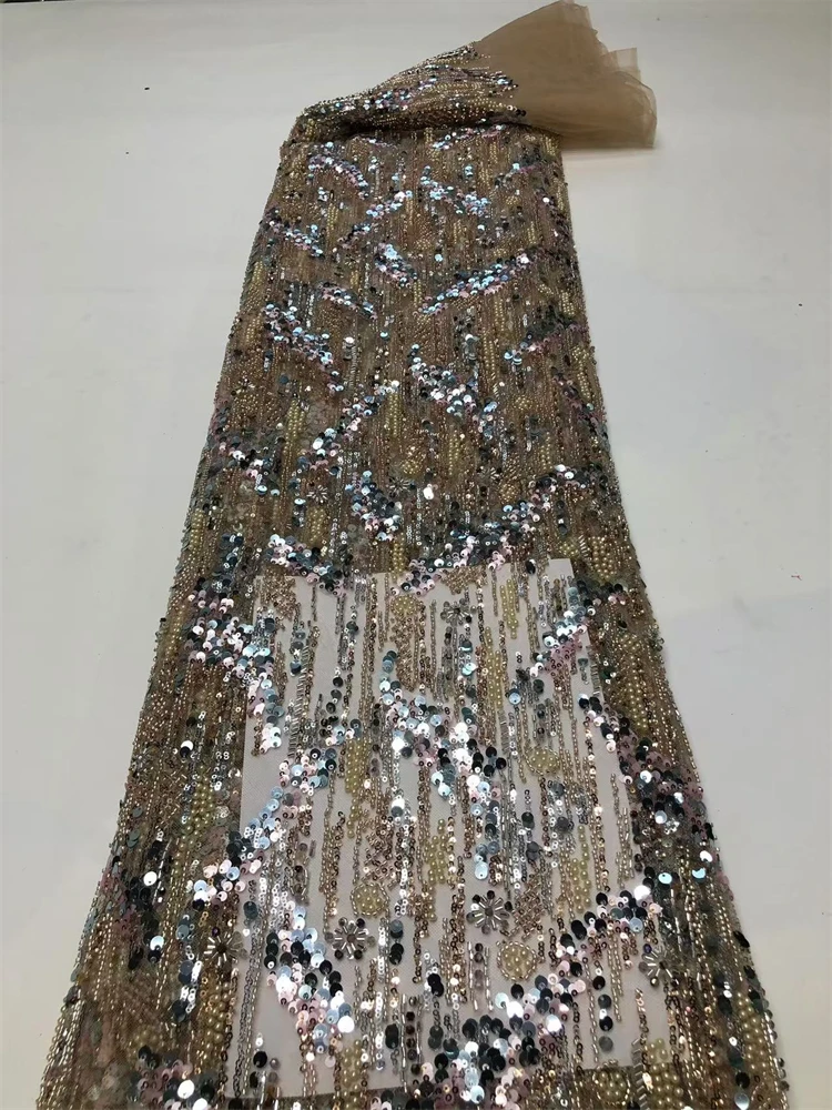 ドレス縫製用のハイエンドのヘビービーズ生地、最新のアフリカの高級品、フレンチスパンコール、新郎刺繍、5ヤード、2025
