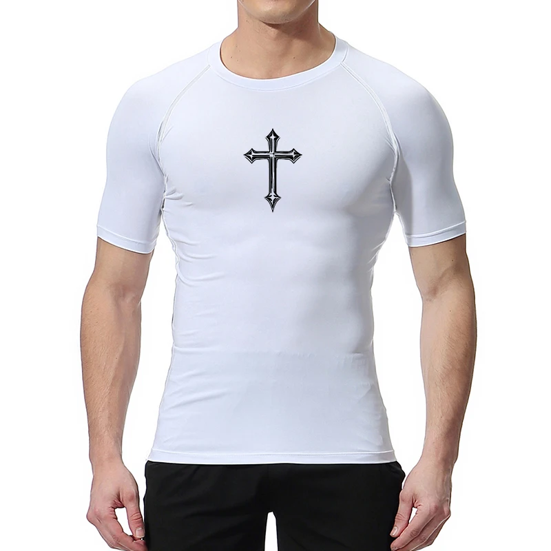 Cross Print Compression Shirt for Men Christian Athletic Tshirt Tees Tops Gym Workout Running Baselayers Undershirts Rash Guard