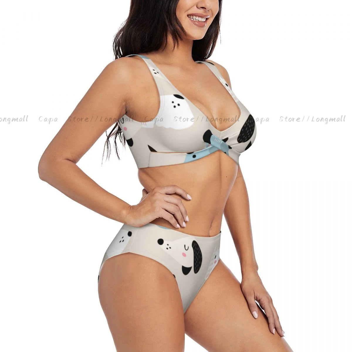 

Летний женский комплект бикини с v-образным вырезом, милый купальник с рисунком собачьих лица, женский купальник из двух предметов, пляжный купальный костюм