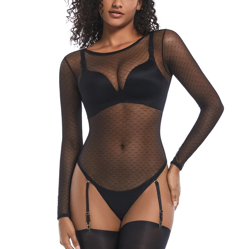 

CINOON Women Sexy Lace Long Sleeve Bodysuit New Transparent Jumpsuit Temptation Lingerie Ladies Black Leisure Corset Underwear