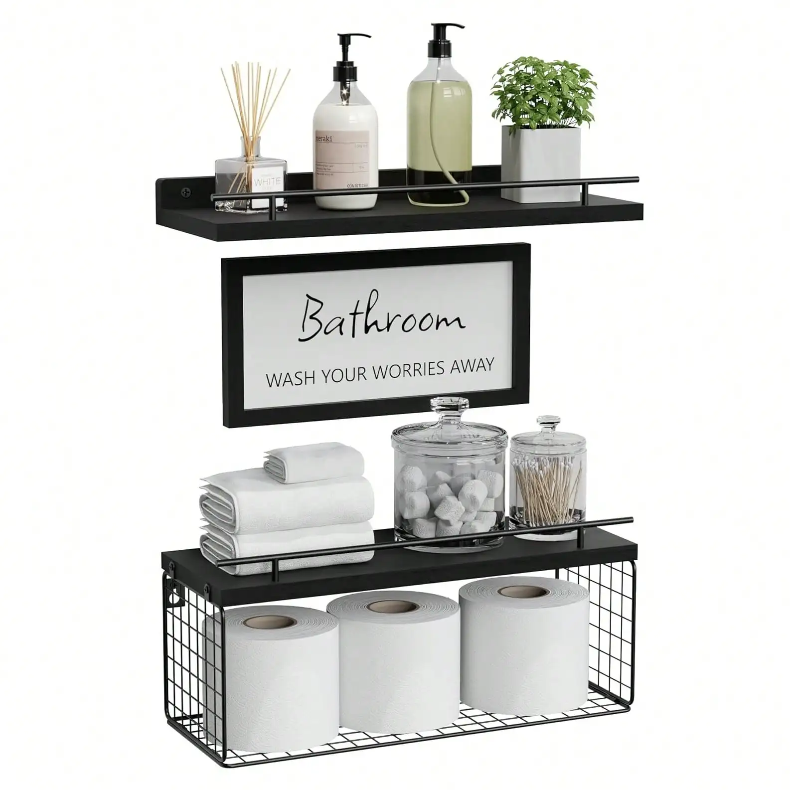 Floating Shelves, Bathroom Shelves Over Toilet With Wall Decor Sign, Wood Wall Shelves With Protective Metal Guardrail & Paper Storage Basket For Bathroom, Bedroom, Living Room, Kitchen