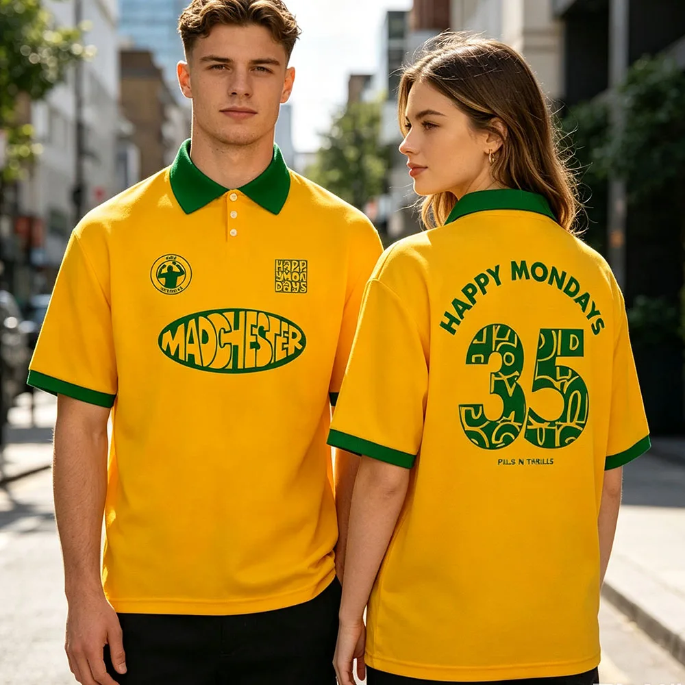 Happy Mondays Pills N Thrills Yellow Football Shirt Summer 3 Button Loose Unisex Polo Shirts Short Sleeve Fashion Design Tops — купить у AliExpress WW