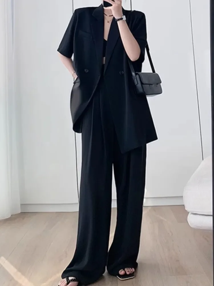 2024 Short Sleeve Wide Leg Pants Blazer Suit Two Piece Set Summer New Fashion Work Business Casual Female Clothes