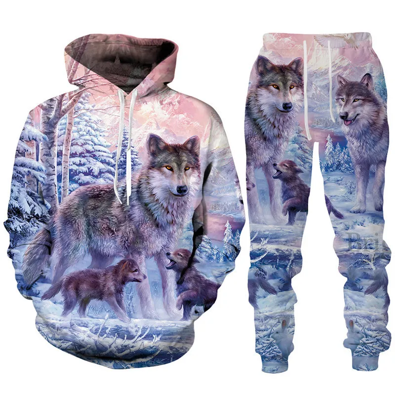 Retro Man Hoodies Sets Animal Wolf 3D Printed Men's Hoodies Pants Suit Harajuku Tracksuit Sportswear Cool 2 Piece Clothing Set