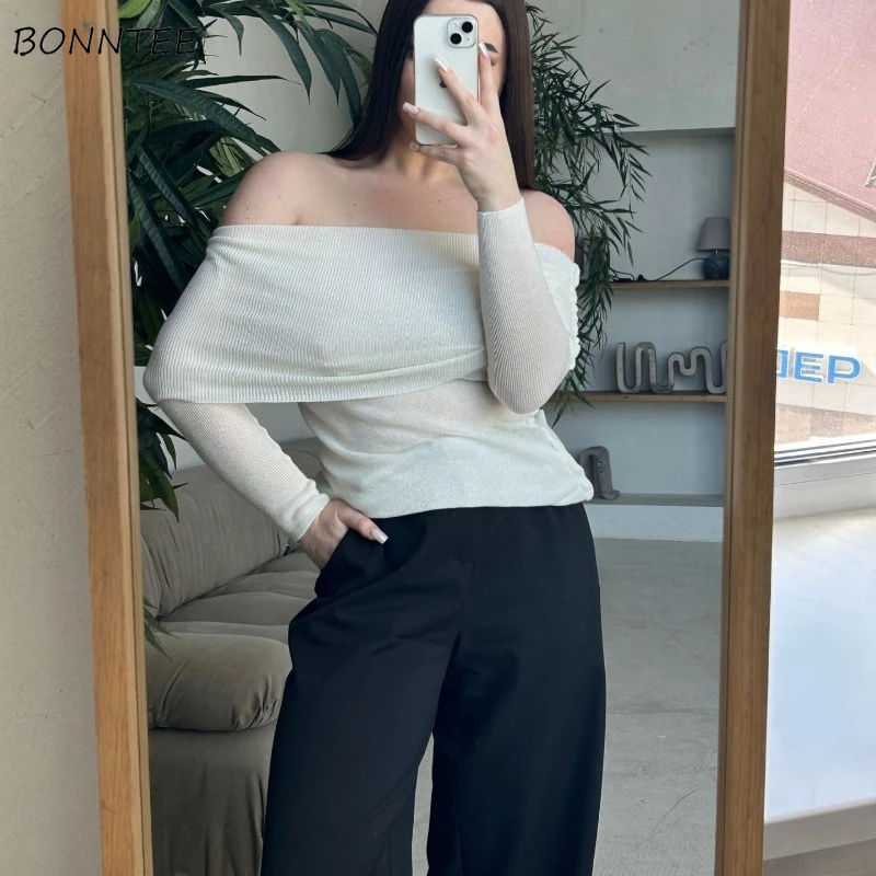 

Pullovers Women Slash Neck Korean Fashion Hotsweet All-match Solid Daily Streetwear Gentle Stylish Ulzzang Spring Autumn Chic