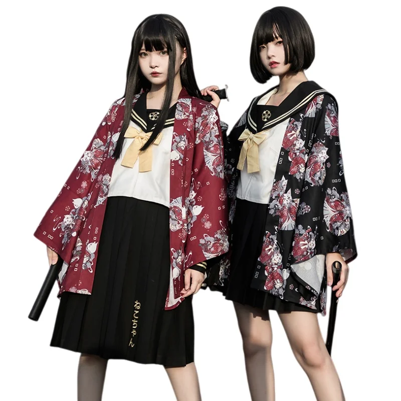 

Japanese College Style Lolita Cat JK Coat Retro Kimono Yukata Haori Taoist Robe Women's Windbreaker Cardigan Suncreen Clothing