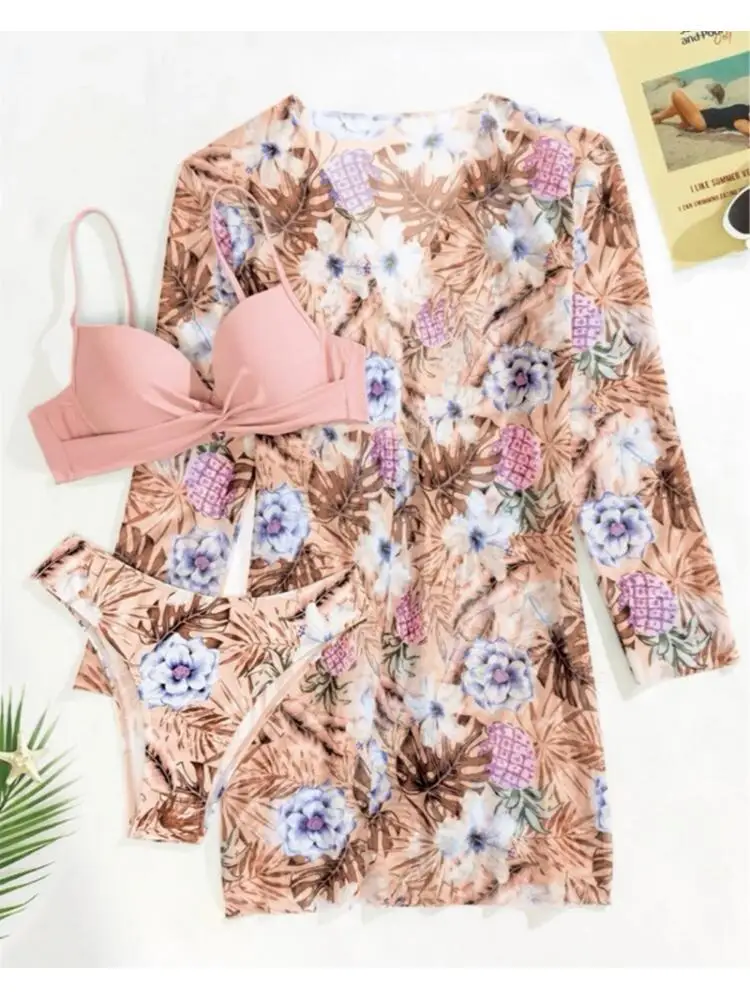 Sexy Floral Bikini Set Push Up Swimsuit Women 2023 Long Sleeve Cover Up Three Pieces Swimwear Brazilian Beachwear Bathing Suit