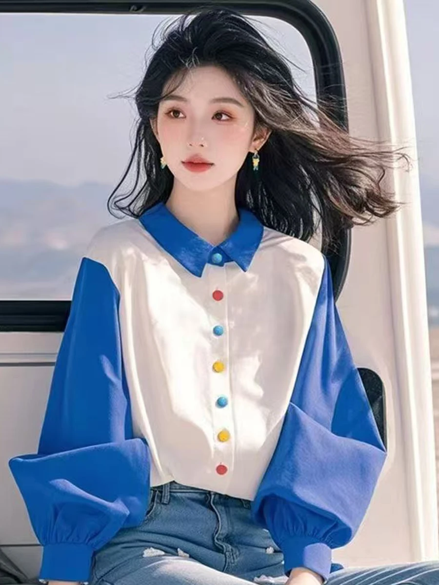 Lanterna Blo di colore blu unica Sve irt Faion Design da donna Primavera Pendolarismo Sle Vestibilità ampia Lunga Sve Ne