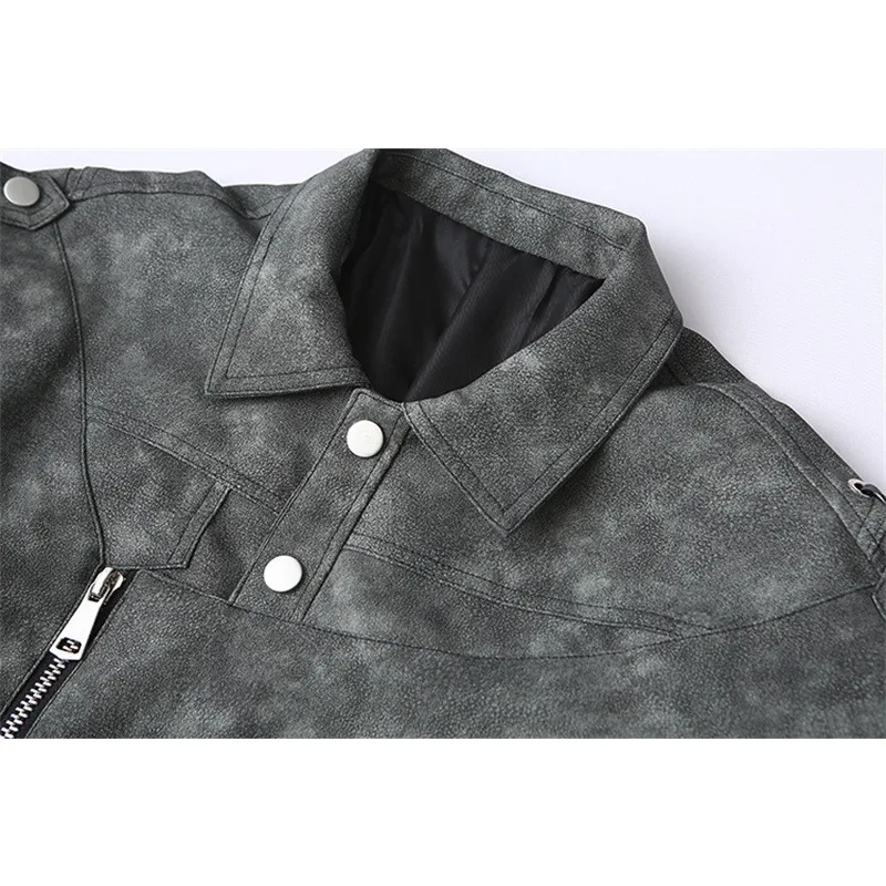 الخريف الشتاء الرجعية الدانتيل متابعة بولي Leather سترة جلدية فريدة من نوعها التلبيب التعادل بأكمام طويلة الشارع دراجة نارية سترة عصرية وفردية