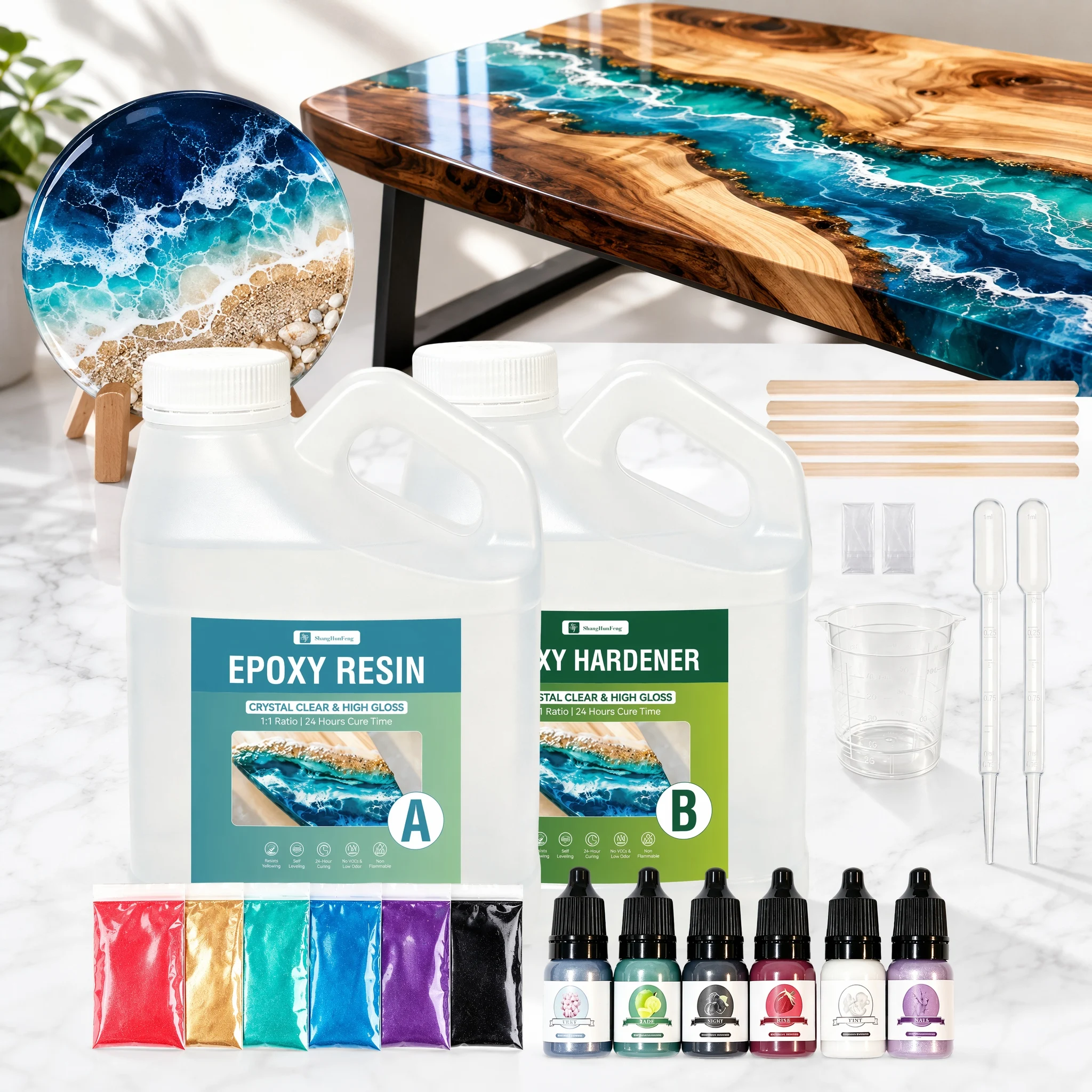 Table Top Epoxy Resin - 1 Gallon Kit for Bars, Countertops, Tables, Woodworking, Resin Art, River Tables, Handmade Crafts & DIY, Outdoor Use; Clear High Gloss, UV Resistant, Waterproof, Self-Leveling, 1:1 Ratio