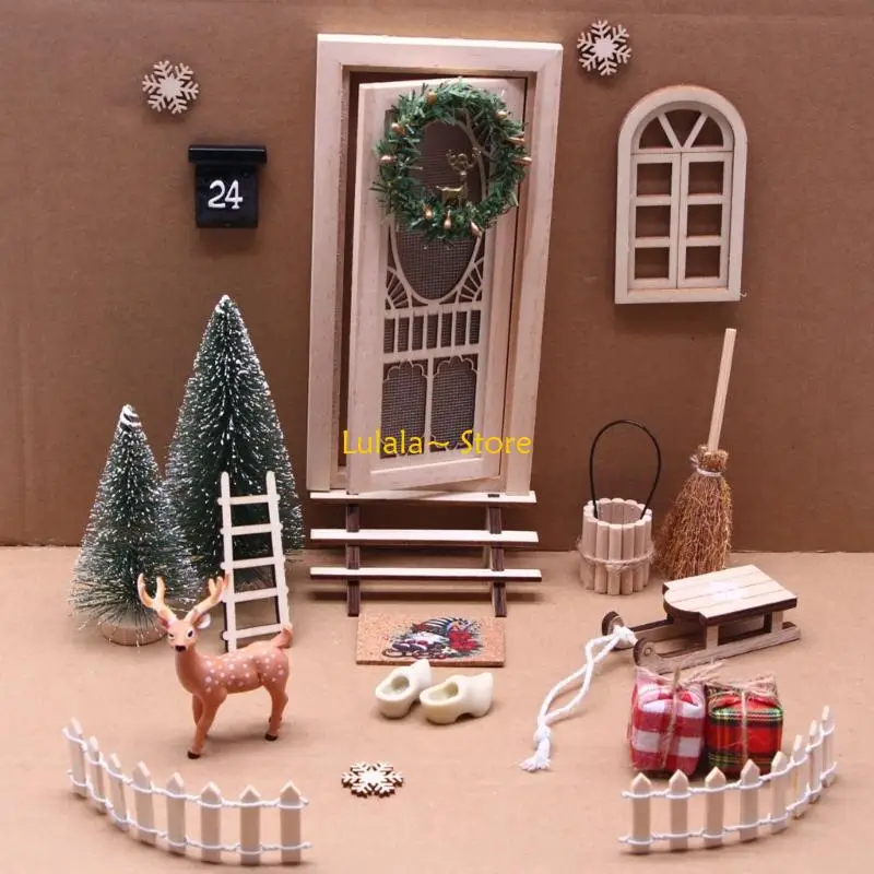 

Y4QA Miniature Reindeer Door Wreath Set For Dollhouses Christmas Village Display Resin Craft Tabletop Decors