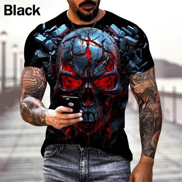 Vintage T Shirts For Men Horror Undead Skull Pattern 3D Printed Short Sleeve Fashion Oversized T-shirt Casual Men's Clothing