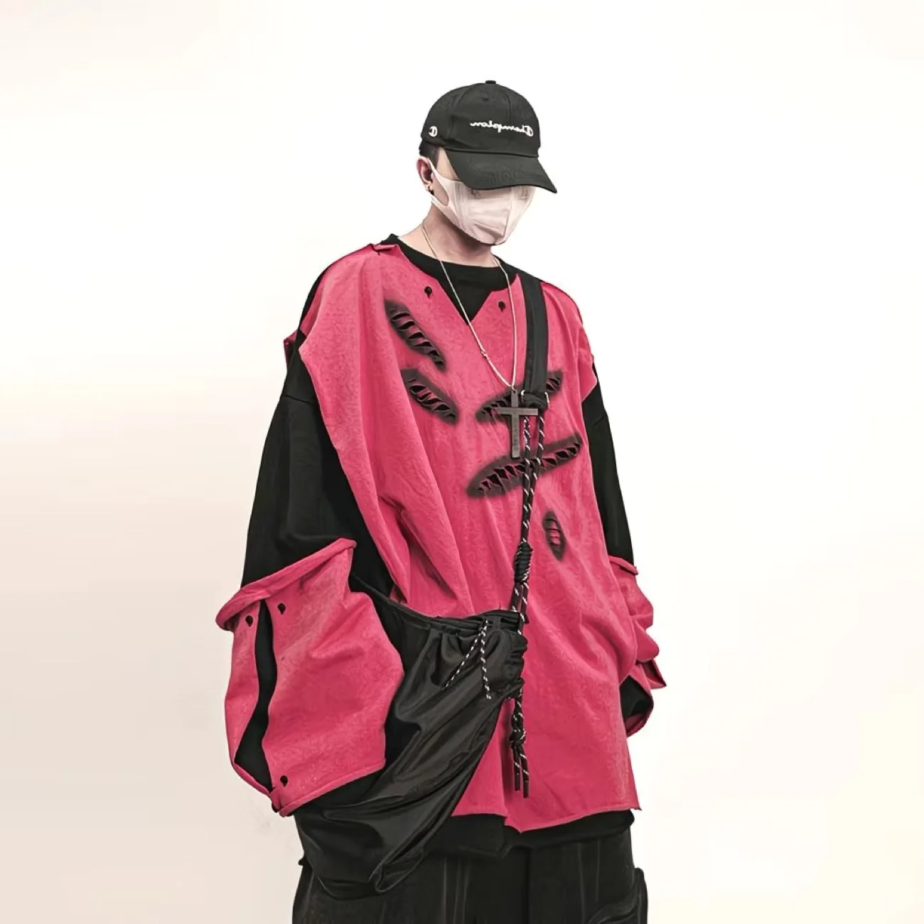 

Винтажный американский свитшот в стиле хип-хоп с эффектом потертости и пэчворком, имитация двухслойности, оверсайз, с длинными рукавами, уличная одежда