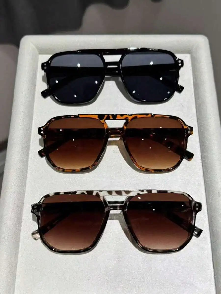 3pcs Plastic Material Glasses, High-End Unique Dual-Beam Geometric Design Women's Set, Suitable For Street Photography, Tropical