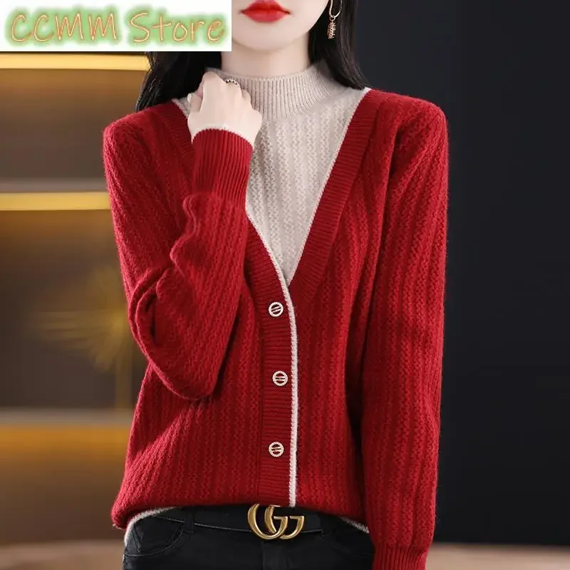 New Autumn Winter Half High Neck Sweater Women Contrast Button Korean Simple Loose Splice Fake Two Piece Long Sleeve Tops