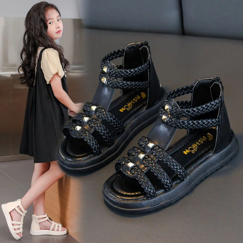 Meisjes Romeinse Sandalen Open Teen Gevlochten Effen Kleur High-Top Eenvoudige Klinknagels Nieuwe Zomer Holle Platte Casual Schoenen Kids fashion Casual