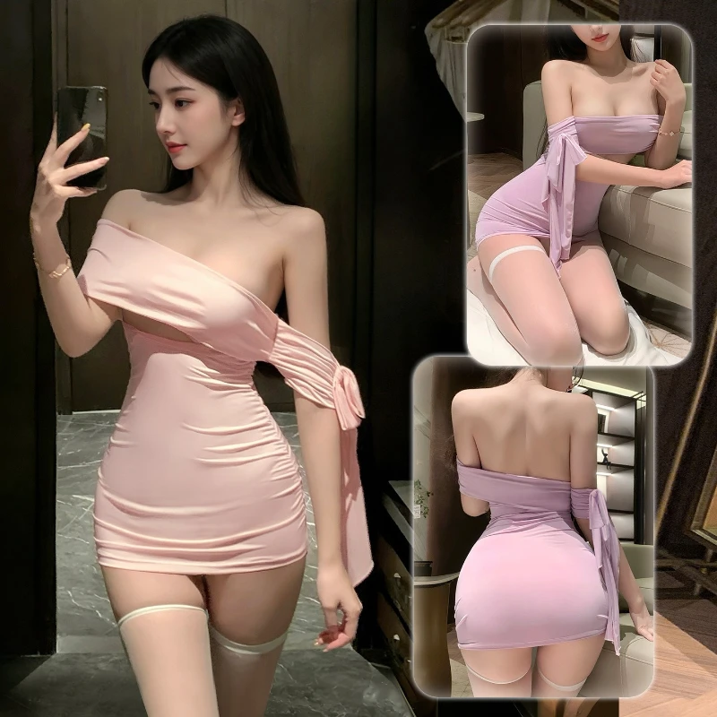 

Sexy Playful Dress Flirtatious Sleepwear Erotic Lingerie Women's Hollow Out Slanted Shoulder Wrap Hip Skirt