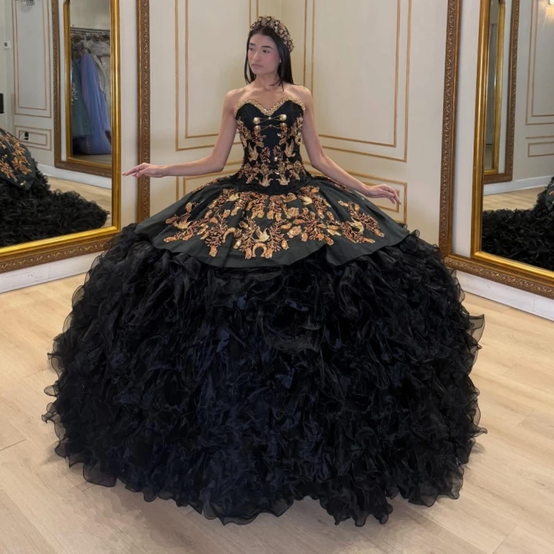 

Black Quinceanera Dresses Off The Shoulder Gold Applique Beading Crystal Tiered Tull Corset Party Birthday Sweet 16 Dres Vestido