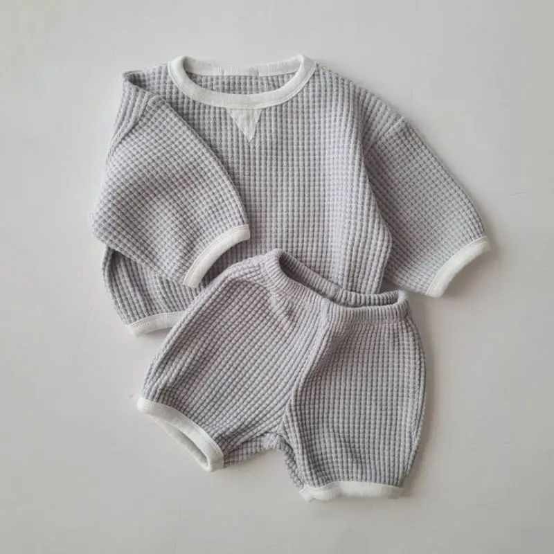 Korea Baby Boys Waffle Clothes Set 2023 Autumn New Baby Girls 2PCS/Set Clothes Sweater+PP Pants Shorts 0-2Y Baby Sportswear Suit