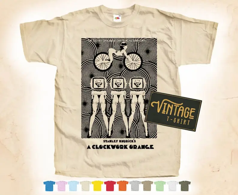 

Black Print: Clockwork Orange V1 T shirt Tee Natural VINTAGE Cotton Movie Poster Beige 12 colors All Sizes