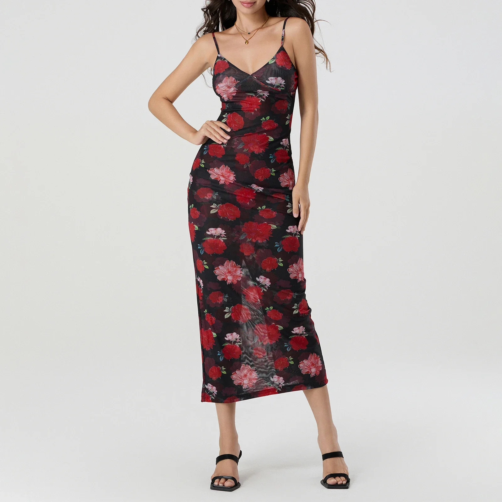 Women's Sexy Floral Print Sling Bodycon Long Dress Sleeveless Spaghetti Strap V-Neck Backless Elegant Cocktail Club Party Dress