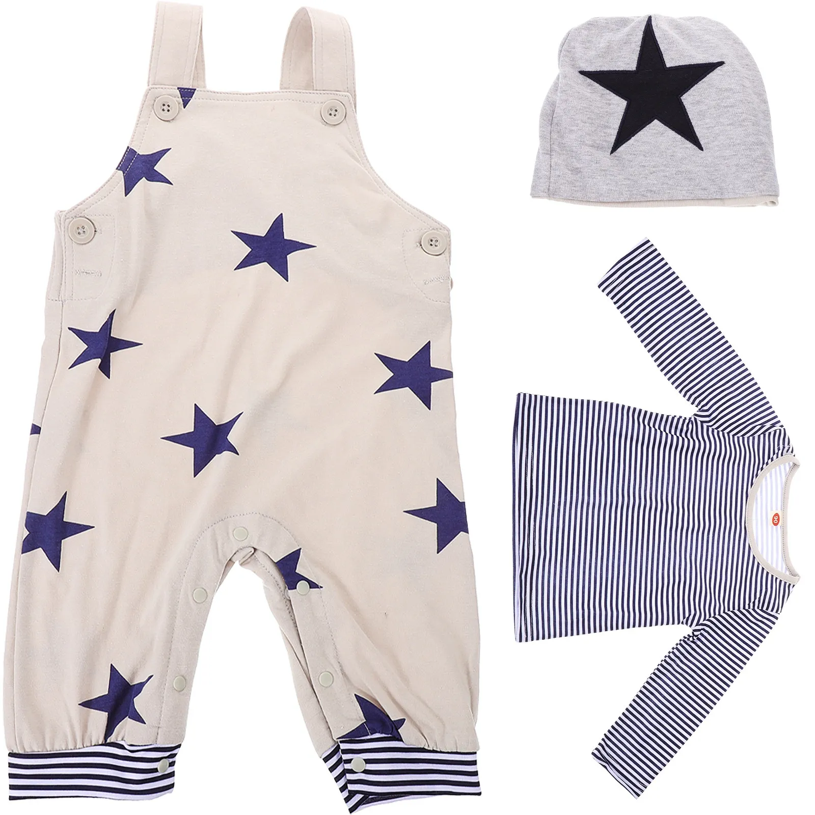 

1Set Baby Boy Suspender Trouser Star Print Long Sleeve T-Shirt Hat Outfit Breathable Toddler Spring Autumn Clothing Suit