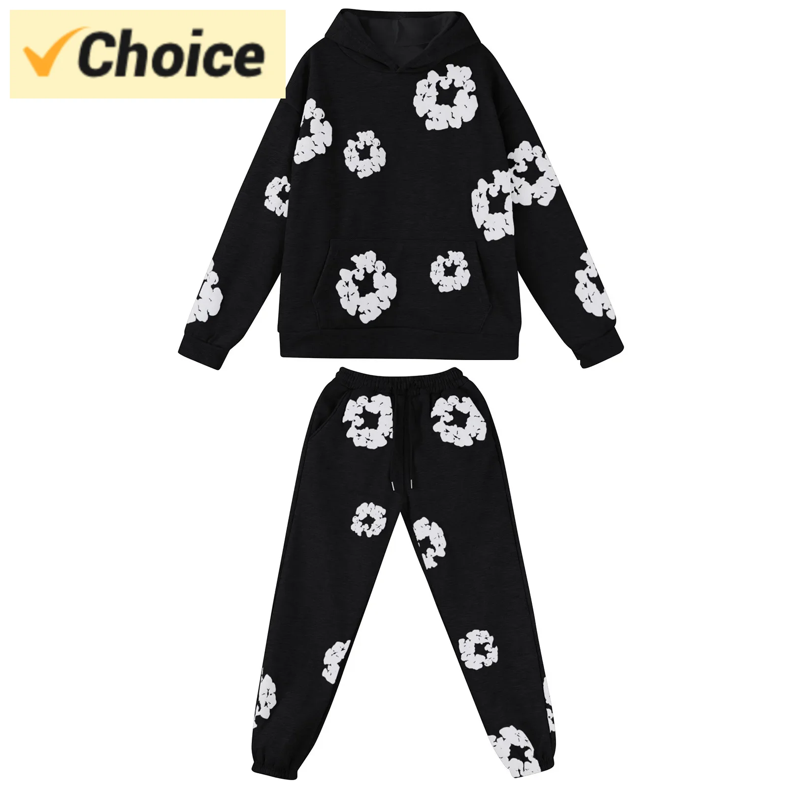 DENIM TEARS Hoodie Men Flower Puff Print Hoodie Ready Made Tears Hoodies Pants Pullover Streetwear Sweatshirt + Track Pants Set