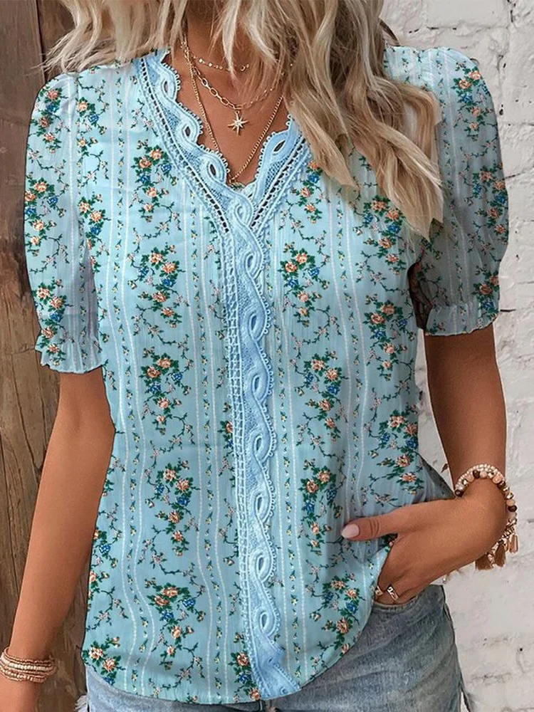 

Plus Size Women Short Sleeve V-neck Floral Printed Lace Tops