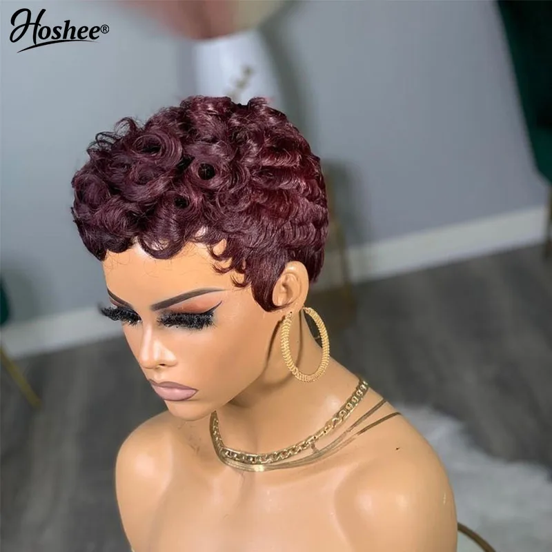 Pelucas de cabello humano sin pegamento para mujer negra, pelo ondulado al agua, Borgoña oscuro, hecho a máquina, corte Bob Pixie, liquidación, a la venta
