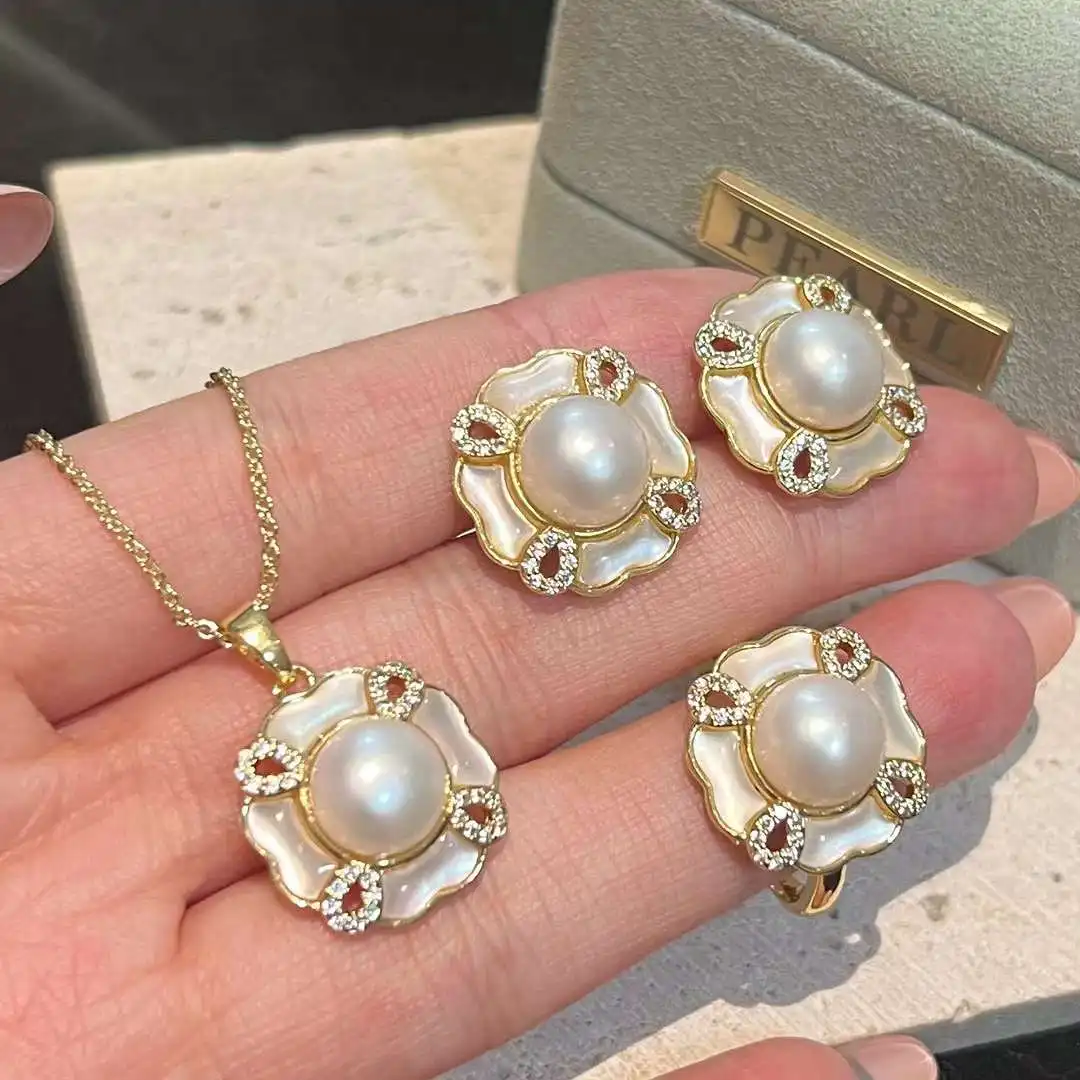 Premium Seawater Shell Inlaid Elegant Set Box 9-10MM Natural Freshwater Pearl Necklace Ring Earring Set Noble Jewelry Set