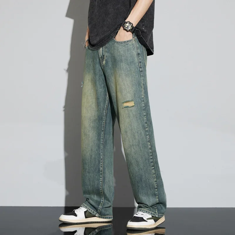 

Мужские джинсы весна-лето с тонкой драпировкой, свободные повседневные прямые винтажные рваные джинсы для мужчин и взрослых, свободные джентльменские джинсы премиум-класса, высокого класса