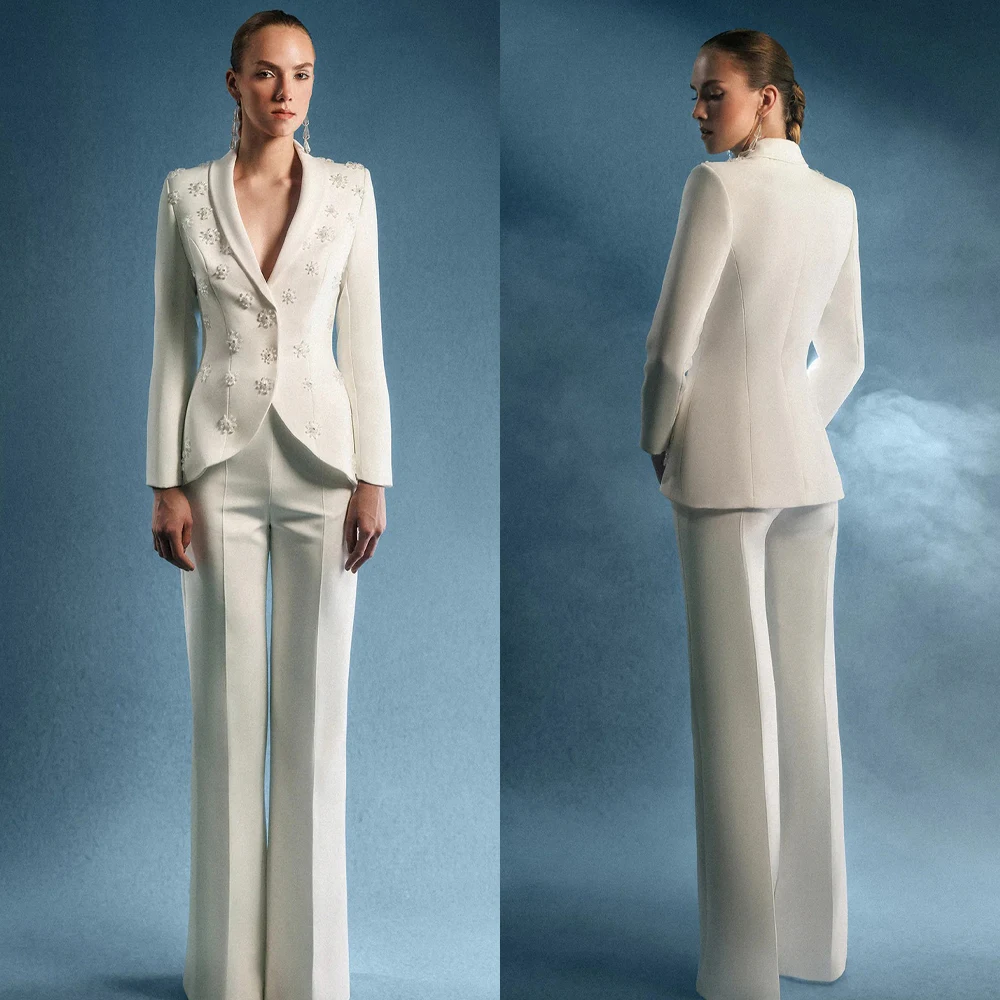 Women's Dresses Suit Gowns Elegant Beads Appliques Jacket Coat And Pants For Female Satin 2 Pieces Suit Customized W717