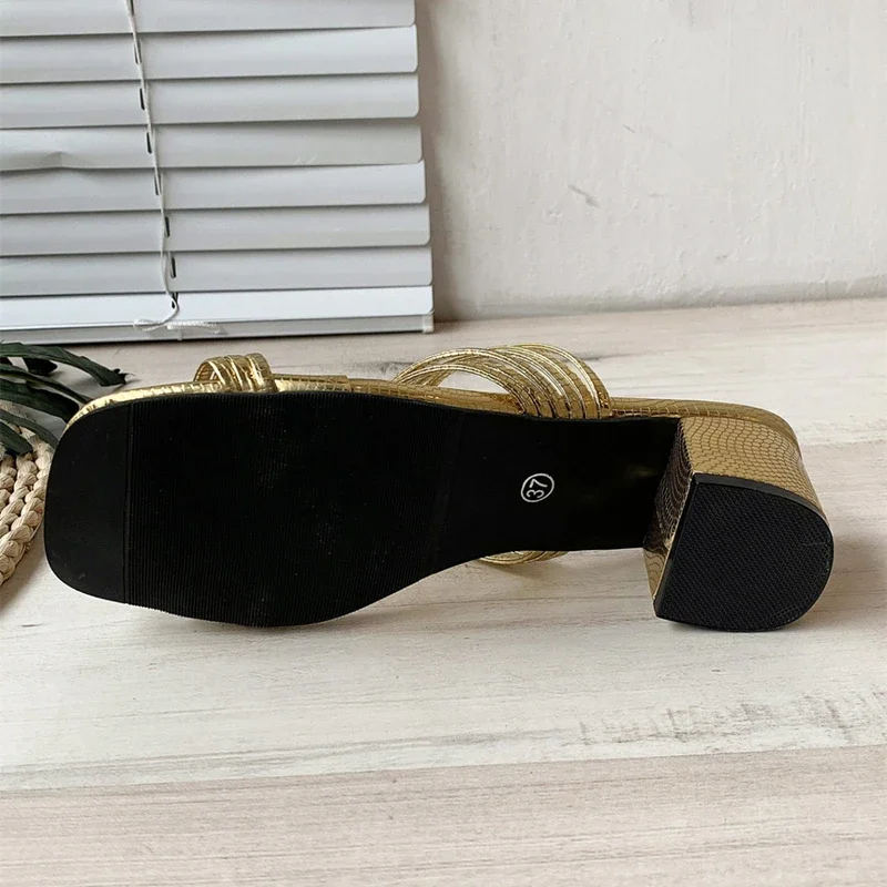 High Heels Sandals Women\'s Shoes 2023 Summer Trends Sexy Gold Fashion Slippers Square Toe Thick With Luxury Party Shoes Size 42