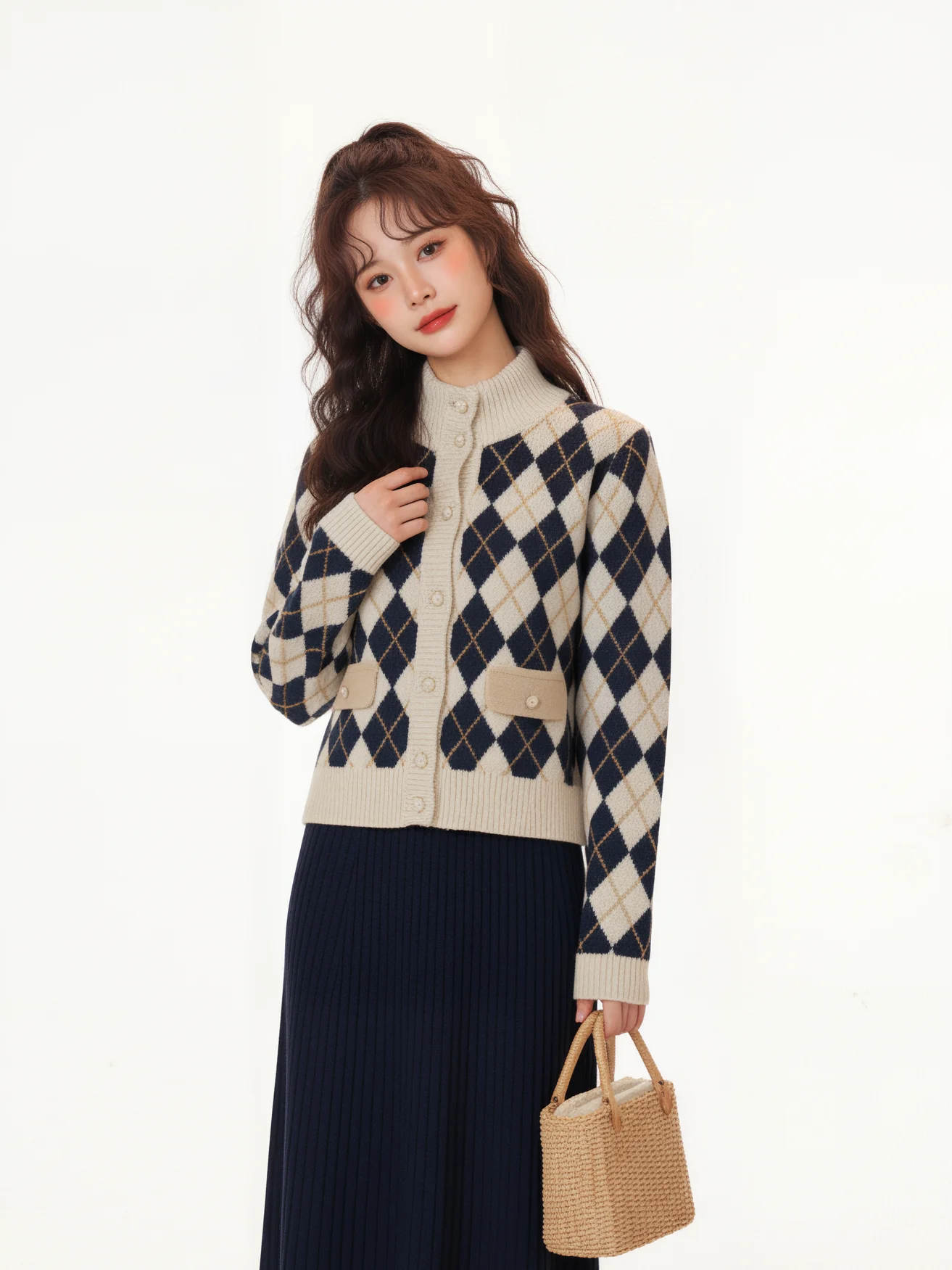 

Вязаное пальто-кардиган в стиле ретро для женщин, свободного кроя, осенне-зимнее, с круглым вырезом, с ромбовидным узором, для подростков