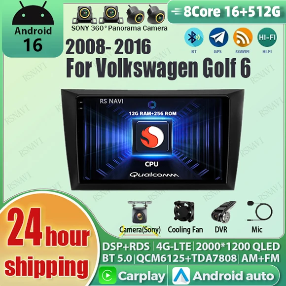 Android 16 Car Radio For Volkswagen VW Golf 6 MK6 GTI R 2008 - 2012 Wireless Carplay Android Auto Car Stereo Multimedia Player