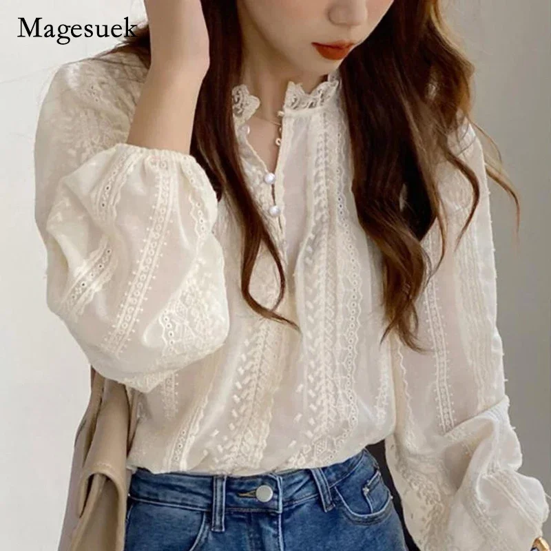 Korean Style Chic Women\'s Lace Shirt 2024 Spring New Fashion O-neck Apricot Blouse Elegant Puff Sleeve Sweet Shirt Blusas 18547