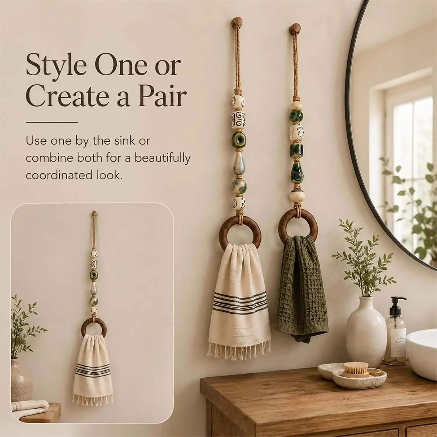 Decorative Beaded Towel Hanger with Wooden Ring - Rustic Wood Bead Hanging Holder, Hand Towel Holder for Bathroom & Kitchen Deco