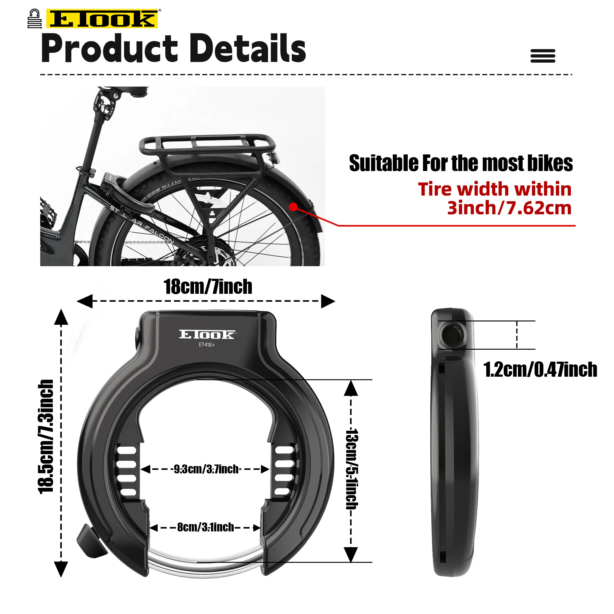 ETOOK Bicycle Frame Lock Anti-theft Bicycle Horseshoe Lock 3inch Fat Tire Bike Hardened Steel Anti-drill Bike Lock for E Bike