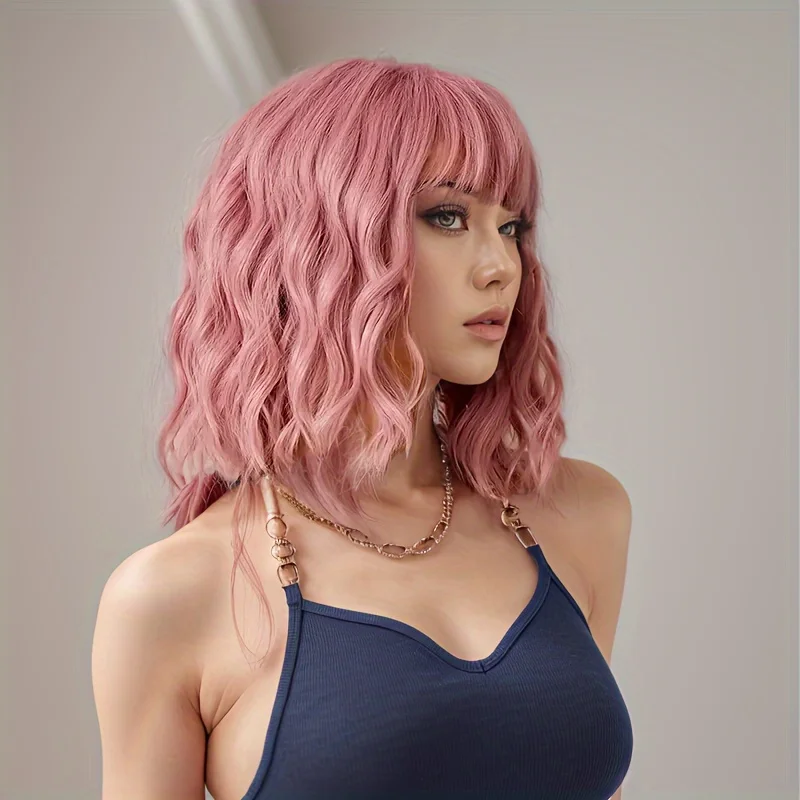 14inch Women Pink Water Ripple Neat Bangs Synthetic Wig for Each Scenes Wearable Use