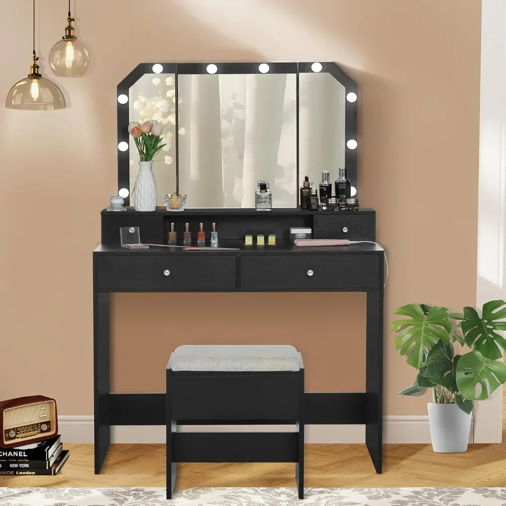 

Vanity Desk with Lights Makeup Vanity with 4 Drawers Vanity Table Set with Tri-Fold Mirror and Cushioned Stool for Bedroom