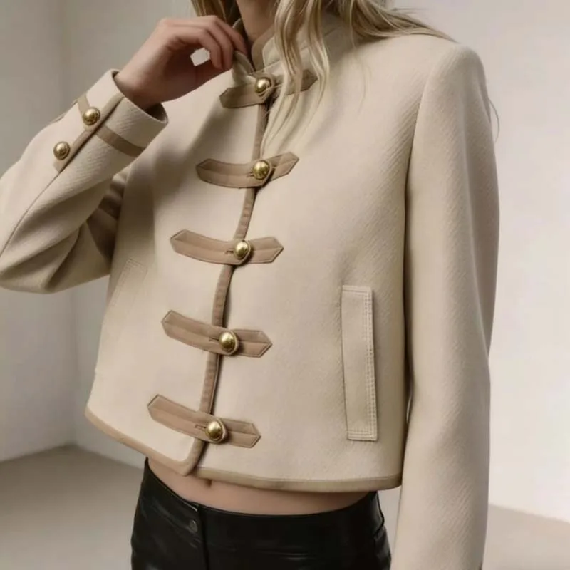 

Винтажная куртка-пальто с воротником-стойкой и контрастной отделкой 2026: Женское французское повседневное короткое пальто с металлическими пуговицами, элегантная офисная верхняя одежда